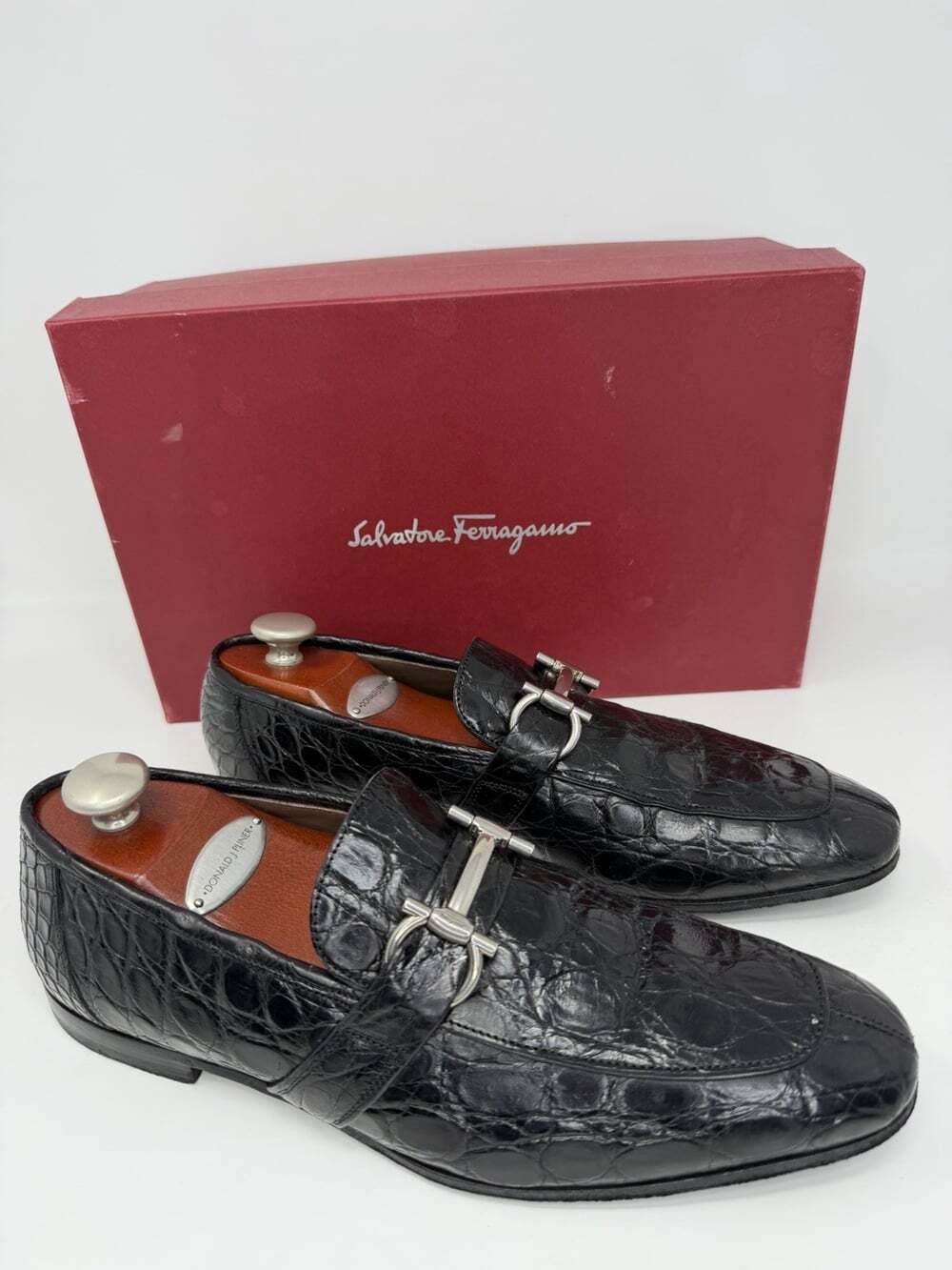 Salvatore Ferragamo Men’s Black Exotic Leather Gancini Loafers Shoes 8.5 D Italy